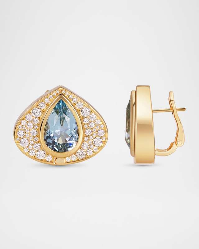 18K Yellow Gold Aquamarine, Onyx, and Diamond Pave Earrings